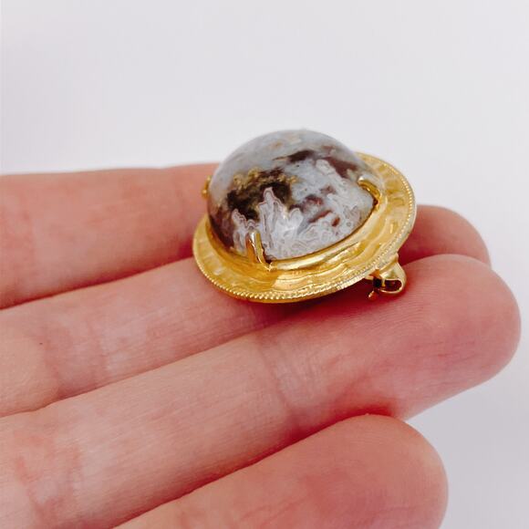 VTG Mid Century Brooch Agate Gemstone Oval Stone Pin 1960s 1970s Gold Tone - Picture 5 of 11